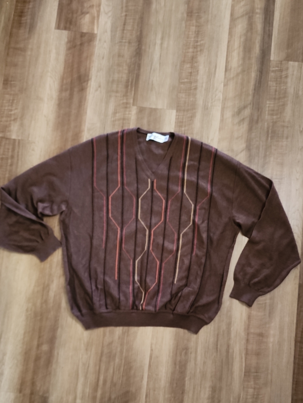 St. Croix Knits Large 85% Wool Brown Geometric V-Neck Sweater Grandpacore - Picture 2 of 9